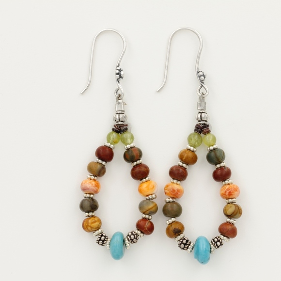 925 Turquoise, Jasper, Spiny Oyster Hoop Earrings - Picture 3 of 3